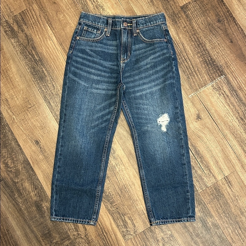 Girls distressed high-waist slouchy straight ripped jeans